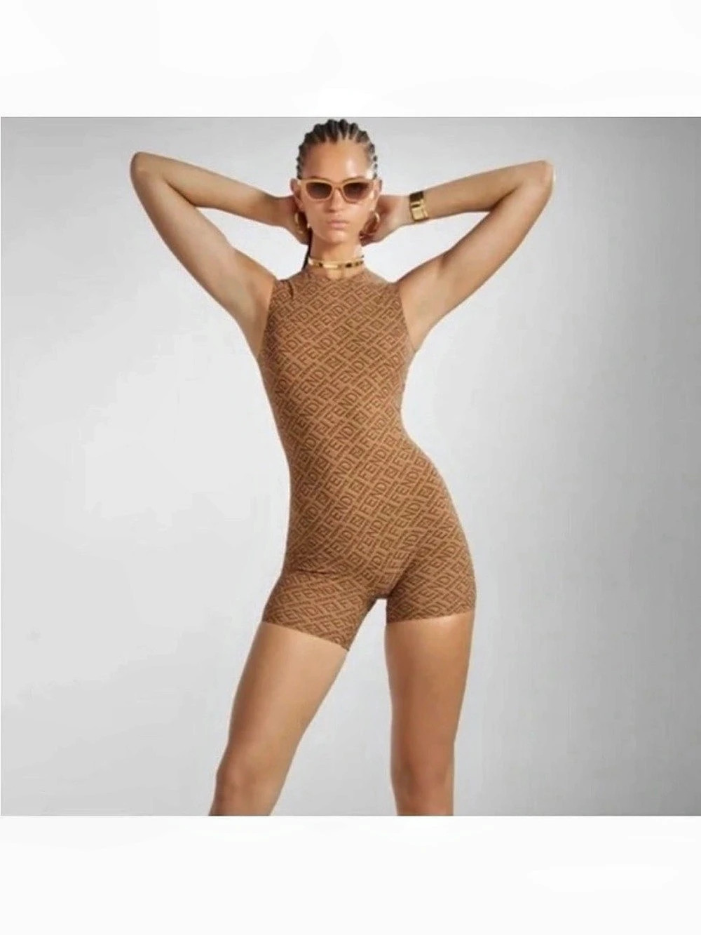 Fendi Logo Print Jersey Romper Brown
